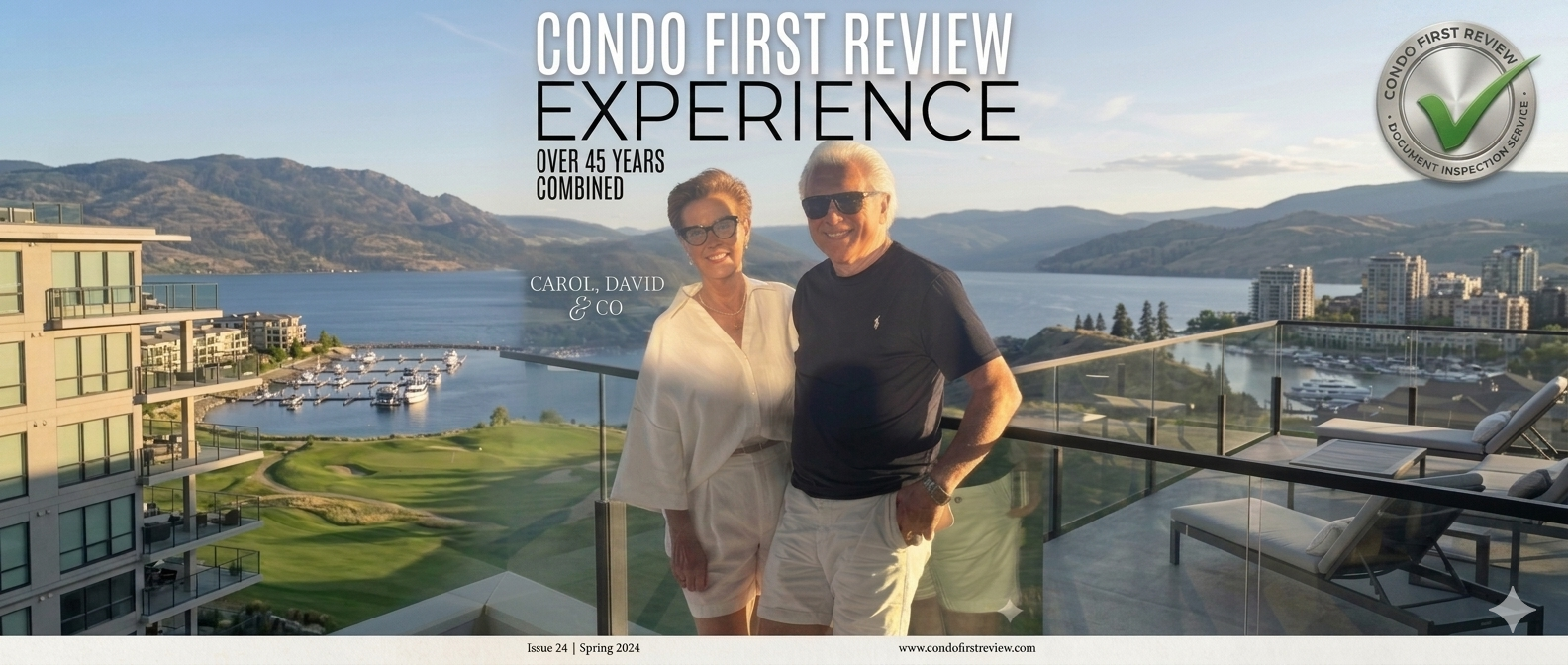 Condo First Review Experience — Carol, David & Co. on a condo balcony overlooking the lake, Issue 24 Spring 2024